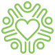 Lime green logo illustration of heart surrounded by figures with arms raised